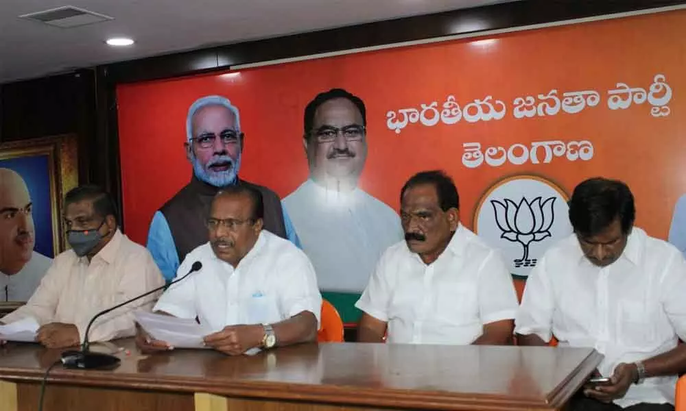 BJP senior leader and national executive member Nallu Indrasena Reddy addressing the media in Hyderabad on Tuesday