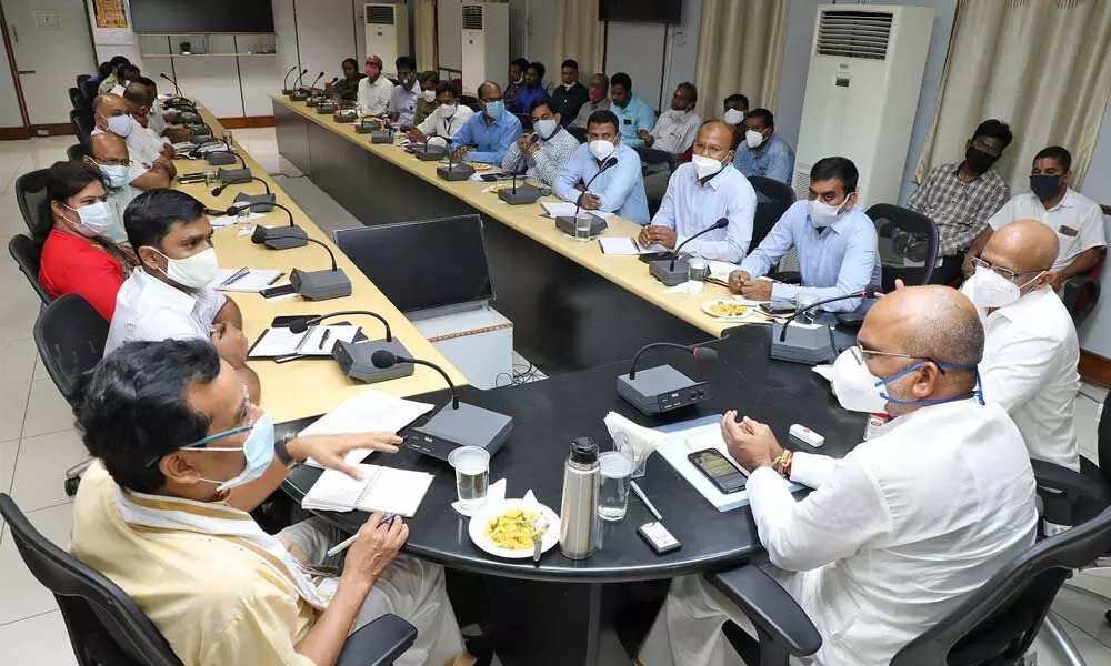TTD Executive Officer K S Jawahar Reddy holding  a meeting with senior officials in Tirupati on Wednesday