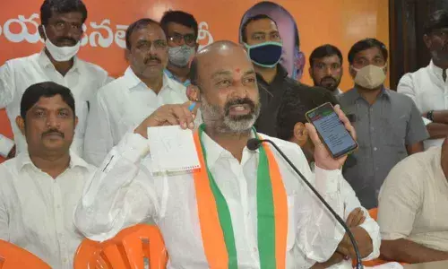 Karimnagar MP and Telangana BJP chief Bandi Sanjay Kumar addressing the media in Hyderabad on Wednesday