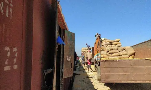 The first maize rake to Benapole in Bangladesh being loaded in Waltair Division