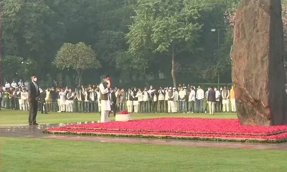 Congress leader Rahul Gandhi on Thursday paid floral tributes to former Prime Minister Indira Gandhi on her 103rd birth anniversary at Shakti Sthal