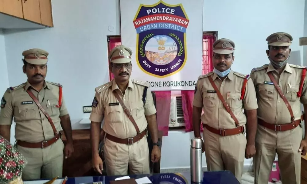 Police officials greeting North Zone DSP Kadali Venkateswara Rao in Korukonda on Thursday
