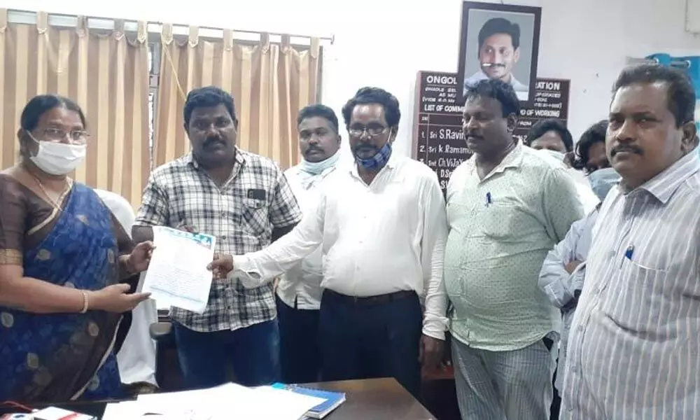 MSPS president Kommu Sujan Madiga and others submitting a representation to OMC Commissioner K Bhagyalakshmi on Thursday