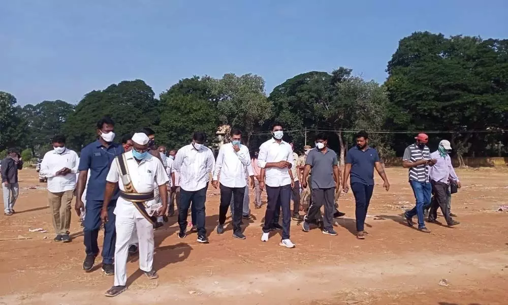 MP Margani Bharat along with officials inspecting government college grounds in Rajamahendravaram on Thursday