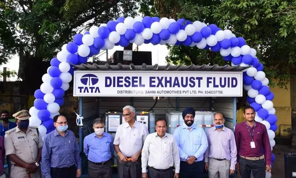 Diesel Exhaust Fluid centre installed at RTC bus depot in Vijayawada on Thursday