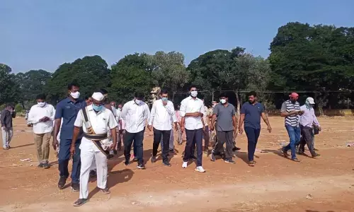 MP Margani Bharat along with officials inspecting government college grounds in Rajamahendravaram on Thursday