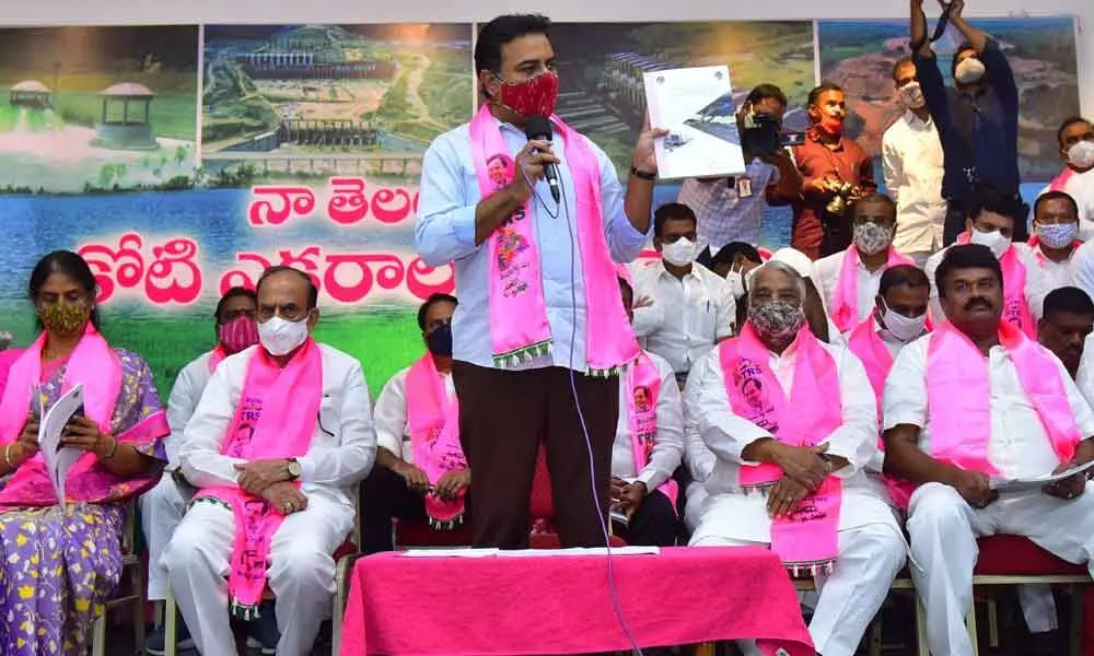 MA&UD Minister K T Ramarao addressing the Pragathi Nivedana meeting at TRS Bhavan in Hyderabad on Friday     Photo: Adula Krishna