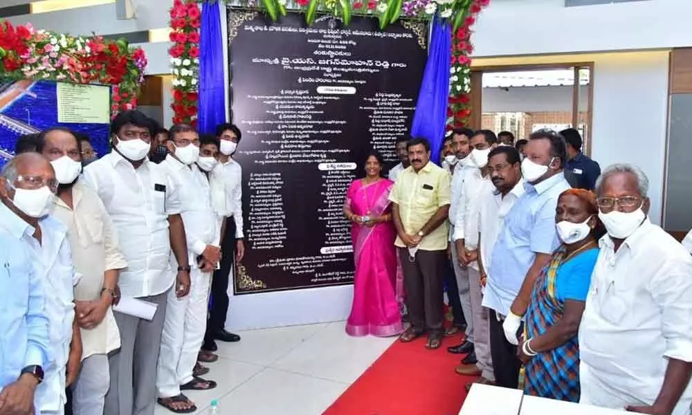 BC Welfare Minister Ch Venugopalakrishna, Kakinada MP Vanga Geetha and others taking part in the foundation stone laying function of Uppada fishing harbour on Saturday