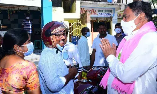 Minister for Panchayat Raj Errabelli Dayakar Rao campaigning for TRS nominee at Meerpet Division in Hyderabad on Saturday