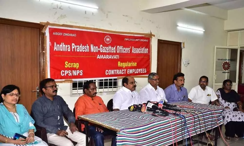 Andhra Pradesh Non-Gazetted Officers Association president N Chandrasekhar Reddy addressing the media in Vijayawada on Sunday
