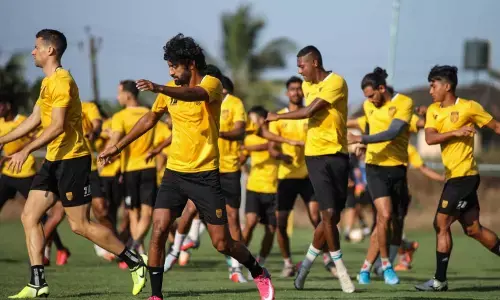 Hyderabad FC players prior to a practice session