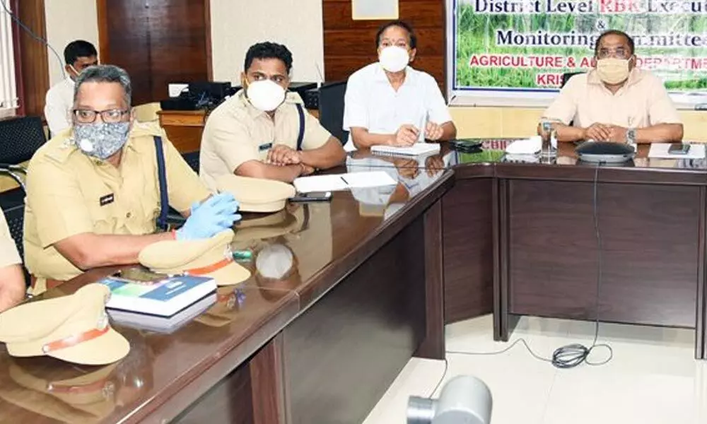 Collector Md Imtiaz and other officials participating in videoconference hosted by Chief Minister YS Jagan Mohan Reddy on Monday