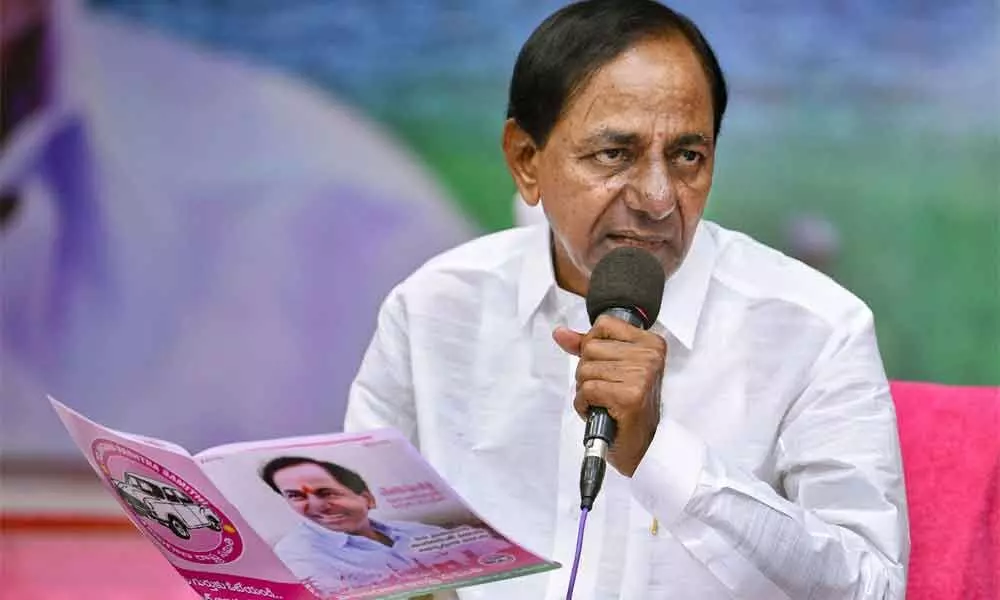 TRS president and Chief Minister K Chandrashekar Rao addressing the media after releasing the party manifesto for GHMC polls in Hyderabad on Monday