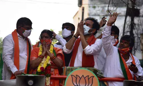 Union MoS for Home Affairs G Kishan Reddy conducting a road show at Kacheguda division on Monday