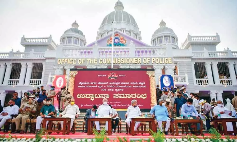 Chief Minister B.S. Yediyurappa, Home Minister Basavaraj Bommai, DG Praveen Sood and others at the inaugural event of new office building of Mysuru city police commissioner on Tuesday