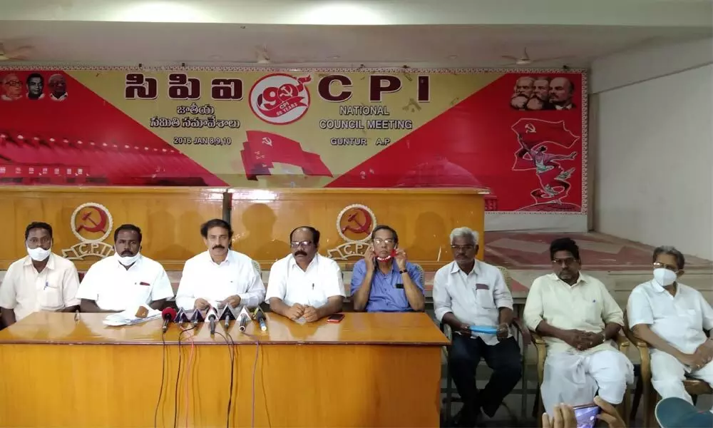 CPI State Secretary K Rama Krishna addressing media in Guntur on Tuesday