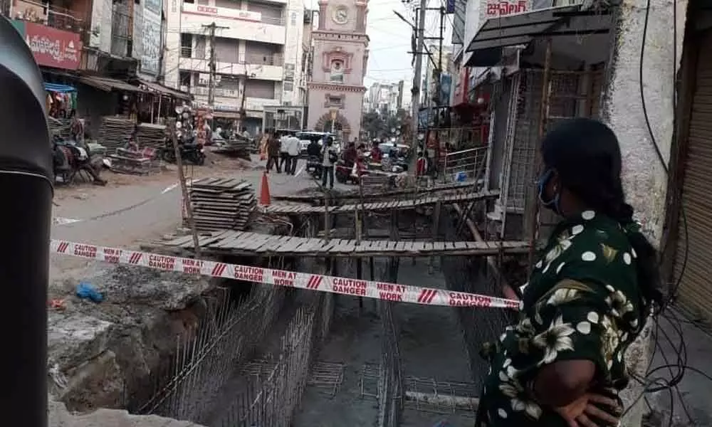 Incomplete drainage system works at Tower Circle area in Karimnagar city