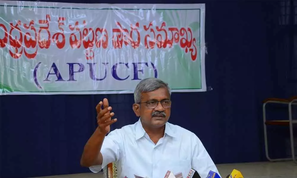 Ch Babu Rao, Convener of the APUCF addressing the media in Vijayawada on Tuesday