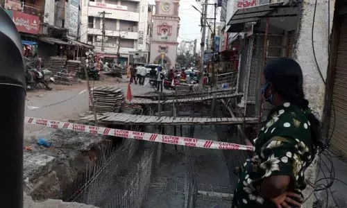 Incomplete drainage system works at Tower Circle area in Karimnagar city