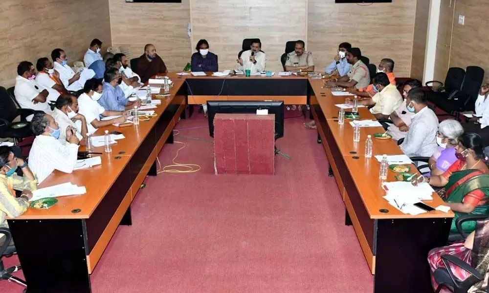 Temple EO K S Rama Rao conducting a review meeting with the officials concerned on arrangements at Administrative Building in Srisailam on Thursday