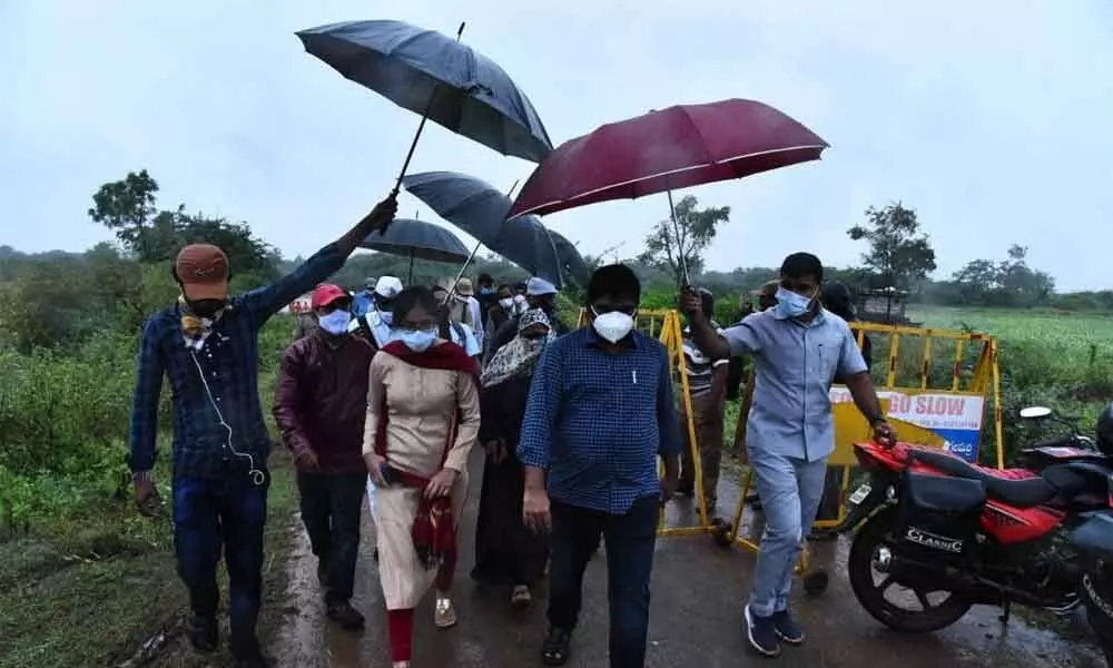 District Collector G Veera Pandiyan and Nandyal Sub-Collector Kalpana Kumari inspecting the flood situation in Nandyal on Friday