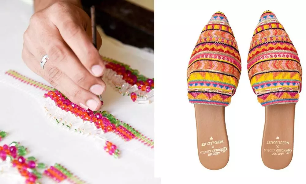 Handcrafted leather juttis with handwoven embroidery