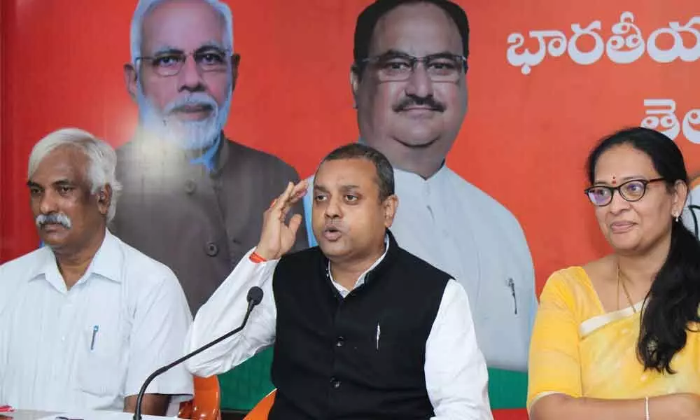 BJP national spokesperson Sambit Patra addressing the media at BJP State office in Hyderabad on Saturday