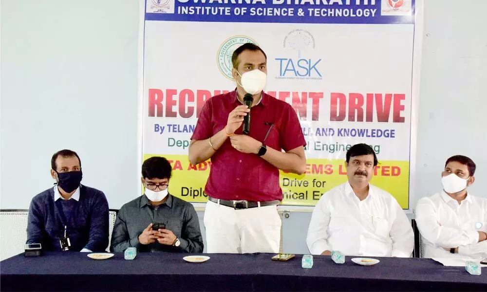 District Collector RV Karnan speaking after the inauguration of job mela at SBIT college in Khammam on Saturday