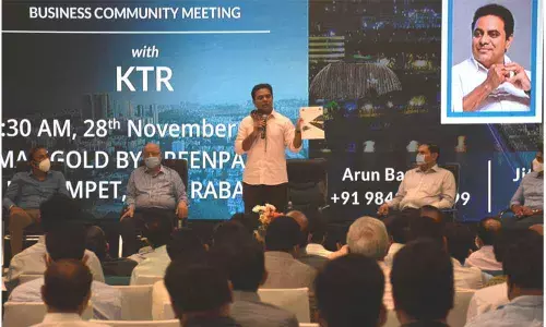 TRS working president and Municipal Minister K T Rama Rao addressing members of business community in Hyderabad on Saturday