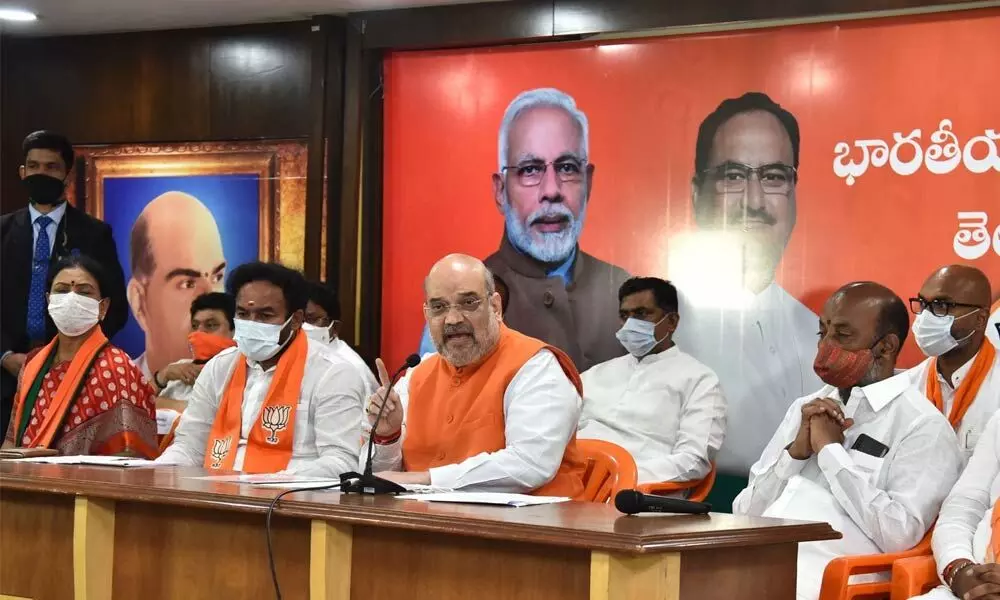 Union Home Minister Amit Shah addressing a press conference in Hyderabad on Sunday