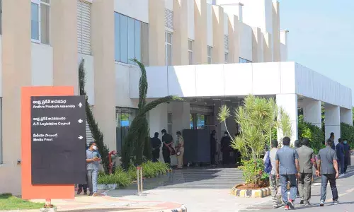 Police personnel on security duty ahead of the Assembly session at Velagapudi on Sunday