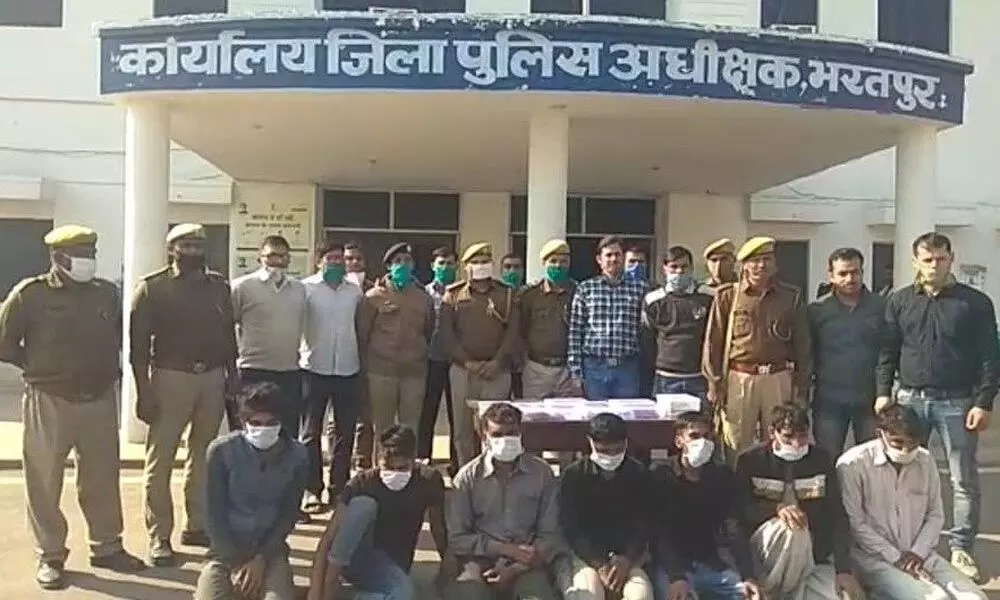 The seven accused arrested by Rajasthan police in relation with the online fraud and attack on Prakasam police on Monday