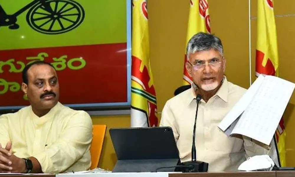 TDP chief and Leader of Opposition in Assembly N Chandrababu Naidu addressing a press conference at party office in Mangalagiri on Monday.  Party State president  K Atchannaidu  is also seen.