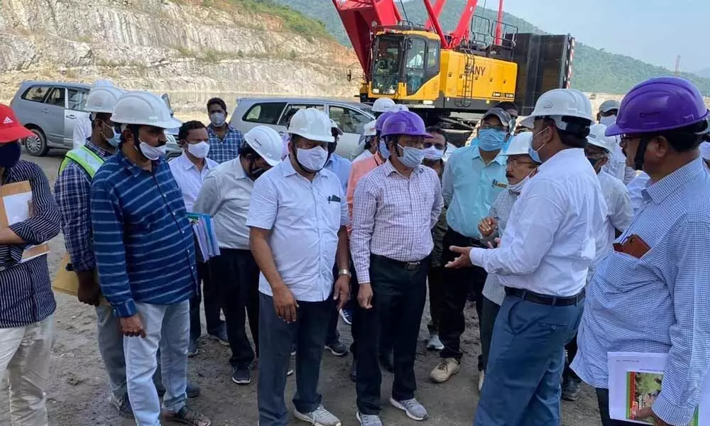 The three-member team of Polavaram Project Authority, Chief Engineer AK Pradhan, DE Mohan and Chief Engineer (Power Sector) Amit Singh, at the project site on Tuesday