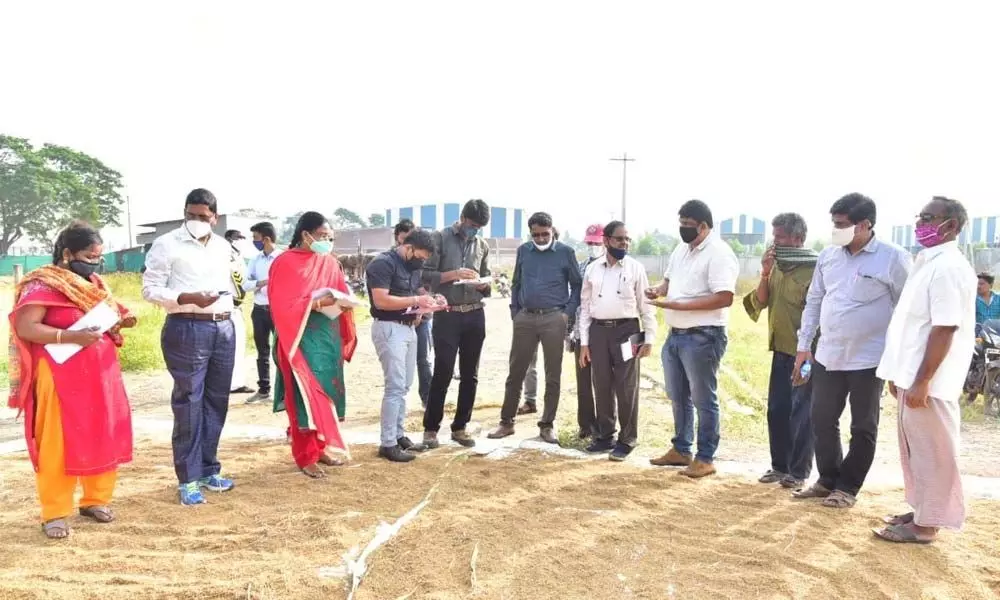 Central team inspecting damaged grains along with Joint Collector Dr G Lakshmisha in East Godavari district on Tuesday