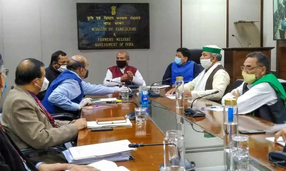 Union Agriculure Minister Narendra Singh Tomar and Railway Minister Piyush Goyal in a meeting with Bharatiya Kisan Union leaders on farmers issues, at Krishi Bhawan