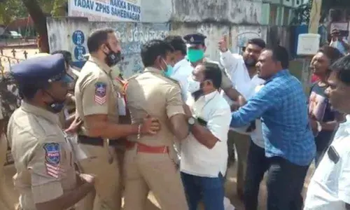 BJP leaders protested at polling centres 60, 61 at BN Reddy Nagar for non-installation of web cameras inside the polling centres.