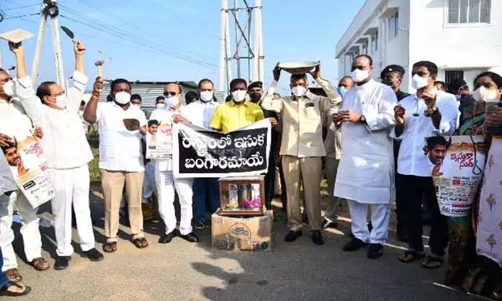 TDP protests at assembly against shortage of sand and new sand policy in Andhra