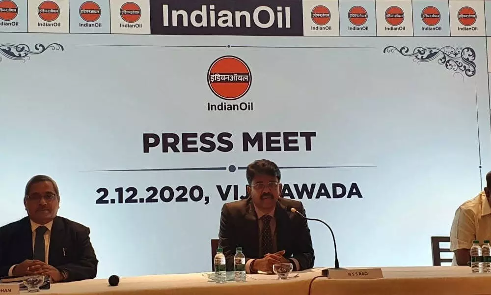 RSS Rao, Indian Oil Executive Director addressing the media in Vijayawada on Wednesday