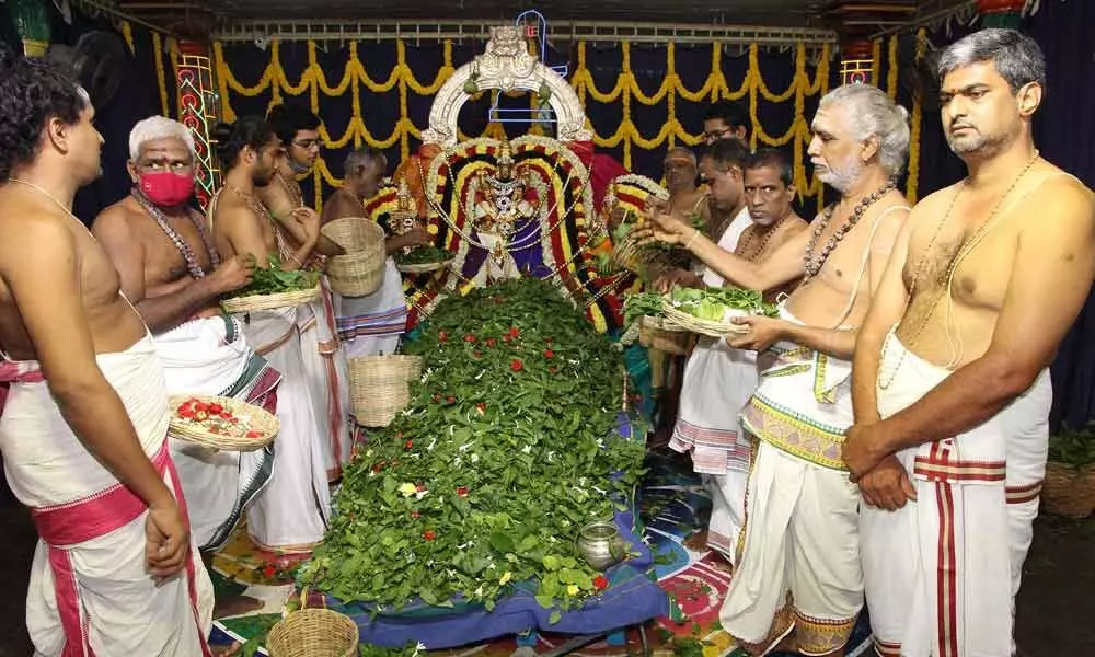 Veda pandits performing Laksha Bilwarchana at Kapilatheertham temple in Tirupati on Thursday