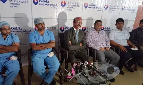 Dr Gudaru Jagadish addressing a press meet at Ramesh Sanghamitra Hospital in Ongole on Wednesday