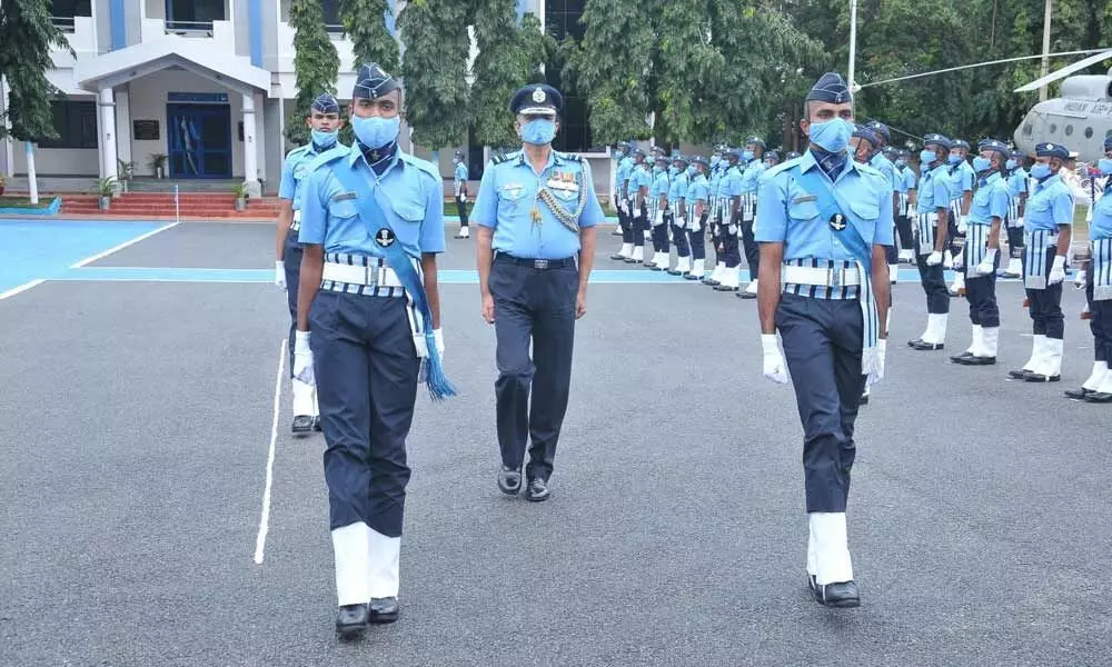 Air Vice Marshal Ashutosh Sharma, Commandant Command Hospital Air Force Bangalore, reviewing the passing-out parade at Medical Training Centre Air Force in Bengaluru