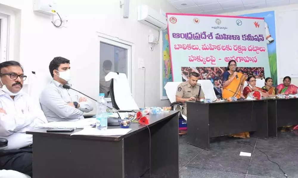 AP Women’s Commission chairperson Vasireddy Padma speaking at a meeting at the Collectorate in Ongole on Saturday