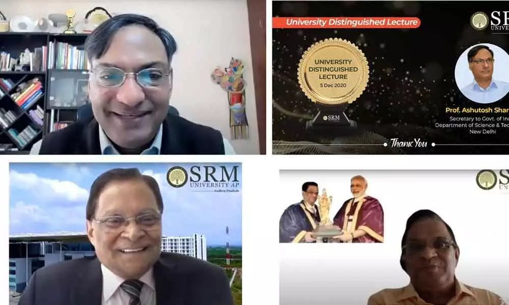 Ashuthosh Sharma, Secetary of Department of Science and Technology, virtually addressing a webinar organised by SRM-AP in Amaravati on Saturday. Pro Vice-Chancellor D Narayana Rao and chairman of APSCHE Hemachandra Reddy also participated.