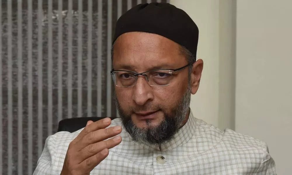 MIM chief Asaduddin Owaisi addressing the media at the party office in Hyderabad on Saturday