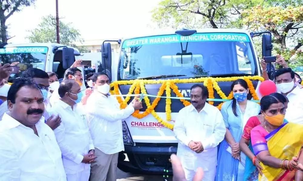 Minister for Panchayat Raj Errabelli Dayakar Rao inaugurating GWMC road sweeping vehicles on Saturday in Warangal