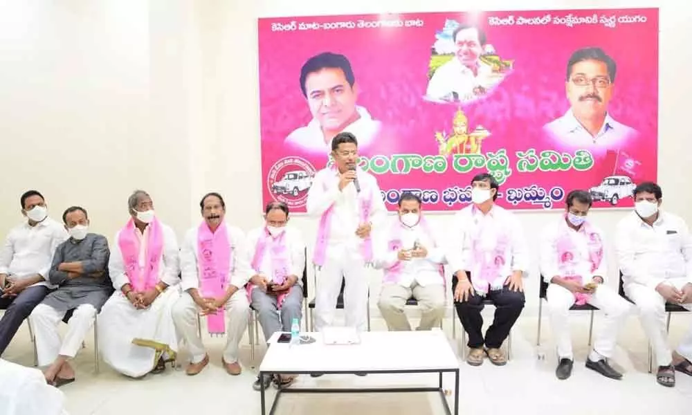 ZP Chairman Lingala Kamal Raj informing about Minister KTR’s programme while addressing a meeting in party office at Khammam