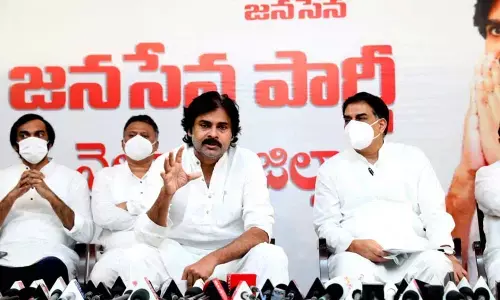 Jana Sena Chief Pawan Kalyan addressing the media in the city on Saturday