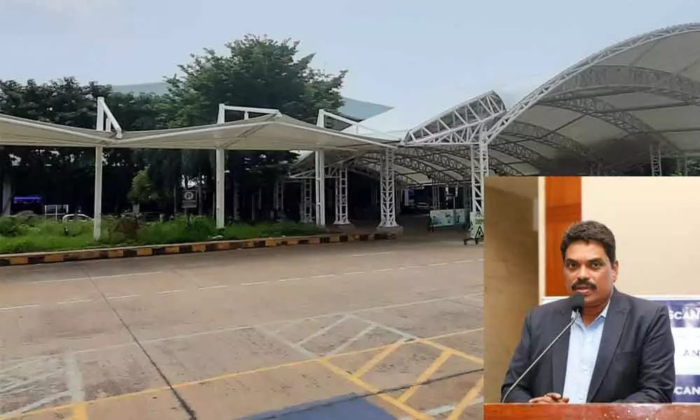 A view of Visakhapatnam airport with newly installed all-weather canopies. (inset) Airport Director M Raja Kishore