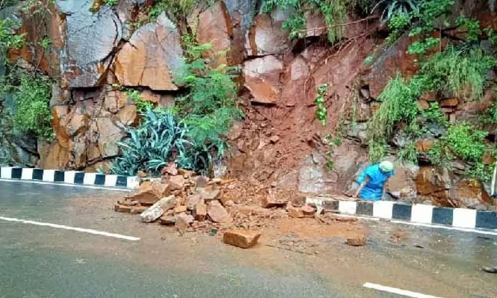 Landslides broken at Tirumala ghat road amid rains due to Burevi cyclone